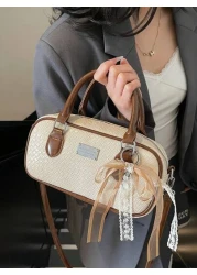 حقيبة بوسطن من الجلد اللين، حقيبة يد أمومة واسعة السعة مع تميمة دمية فاخرة، حقيبة كتف متعددة الاستخدامات للتن