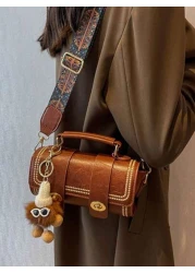 1pc Vintage Cylinder Handbag For Women Daily Use With Fuzzy Decor Retro Inspired Bag For Women