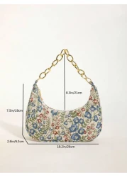 Fashion Metal Chain Handbag With Flower Design Floral Printed Canvas Shoulder Bag Tready Crescent Moon Bag For Women Exquisite Floral Bag For Women