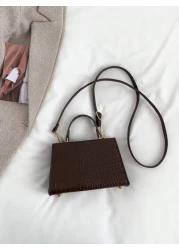 Mini Square Bag Elegant Coffee Brown Twist Lock Crocodile Embossed PU