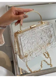 Mini Chain Decorated Transparent Water Wave Pattern Hard Shell Metal Hand Held Box Bag