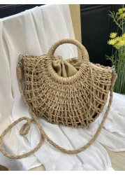 1pc Half Moon Hollow Out Handbag Fashionable Beach Vacation Straw Woven Bag Vacation Bag For Summer Perfect For Beach Vacation Travel Shopping And Vacation Essentials Eye Catching Beach Bag Summer Sum