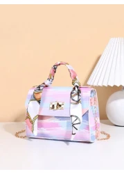 Chain Handle Pressed Pattern Printed Handbag With Silk Scarf Decoration