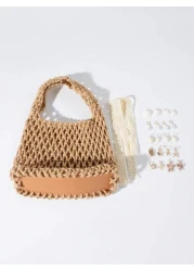 ROMWE Fairycore 1 Set Khaki Color Ocean Shell Starfish Woven Beach Tote Bag With Accessories Fashion Personalized Beach Holiday Style Handbag For Women Includes 1 Bag 1 Set Of Accessories