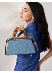 MOTF PREMIUM CONTRAST BUCKLE DETAIL DENIM EFFECT PRINT TOP HANDLE BAG