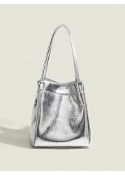 2025 Spring Summer New Silver Color Lunch Box Tote Bag Women s Commute Shiny Mirror Handbag Fashionable Simple Silver PU Leather Bucket Bag Casual Lightweight Solid Color Handbag