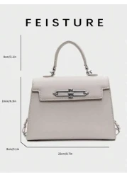 FEISTURE 1pc Metal Decor Flapped Handbag Fashionable PU Material Small Square Bag Magnetic Snap Closure Suitable For Girls Ladies College Students Office Workers White Collars Great For Work Business