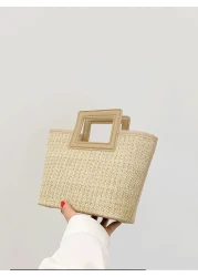 Casual Solid Color Contrast Binding Double Handle Straw Bag For Women Rookies White Collar Workers For Lady For Female Portable For Business Commute Work Office For Festivals Vacation Holiday For Summ
