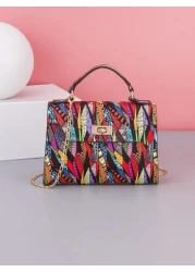 Crossbody Chain Mini Square Bag With Printed Top Handle And Multicolor Print For Women