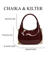 1pc CHAIKA KILTER Women Glossy PU Leather Tote Bag Fashionable Crescent Shaped Armpit Bag With Detachable Metal Chain Zipper Closure Suitable For Daily And Outdoor Use