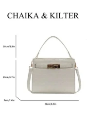 1pc CHAIKA KILTER Solid Color PU Leather Handbag Women s Fashion Stone Texture Square Tote Bag With Strap Decor Metal Lock Top Handle Zipper Closure Removable Adjustable Shoulder Strap Suitable For Da
