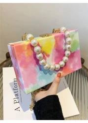 Oil Painting Colorful Metal Chain Shoulder Bag Crystal Pearl Decor Handbag Clutch Wallet Phone Bag For Daily Use And Travel Colorful Purse For Women