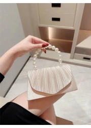 An Elegant Classic Pleated Design Evening Bag Romantic Faux Pearl Party Clutch Bag Luxury Satin Formal Dress Bag Flap Clutch With Chain Strap For Prom Perfectly Matching With New Years Outfit Excellen