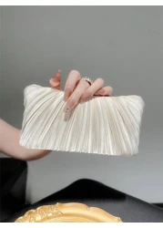 Women Fashionable Shiny Ring Buckle Pleated Satin Box Clutch Bag For Evening Dress Formal Party Prom Wedding Chain Handbag
