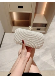 1pc Elegant Faux Pearl Box Shape Evening Clutch Bag White Romantic Wedding Party Purse Luxury Rhinestone Decor Evening Gown Bag Formal Party Crossbody Chain Bag Perfectly Matching With New Years Outfi