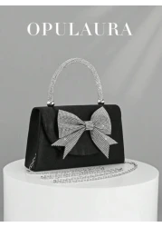 OpulAura Women s European And American Fashion Black Satin Flap Clutch Evening Bag Sparkling Elegant Bowknot Rhinestone Decor Party Handbag Luxury Satin Formal Dress Bag Chain Shoulder Bag Suitable Fo