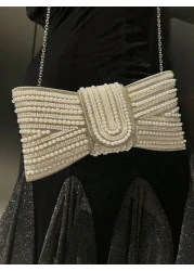 Plus Size High Quality A Grade Rhinestone Bow Faux Pearl Shiny Crystal Evening Clutch Bag Chain Shoulder Strap Fashion Hand Carry Envelope Clutch Purse For Formal Gown And Party Elegant Faux Pearl Bag