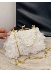 1pc White Romantic Wedding Season 2025 Spring Summer Pearl Net Yarn Flower Clip Pearls Handbag Ladies High End Luxurious Dress Evening Bag Bridal Bag For Wedding Party Banquet Elegant Pearl Bag Exquis