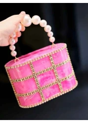 1pc Rose Pink Marble Texture Rhinestoned Pearl Party Clutch Bag With Chain Strap Luxury Evening Bag Suitable For Wedding Gala