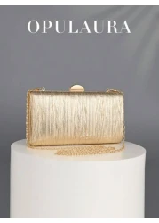OpulAura Retro Luxury Clutch Bag Gold Leather Pleated Design Fashion Party Purse Elegant Box Handbag With Chain Strap Suitable For Party Wedding Formal Events Autumn Winter Tready Party Bags Perfect F