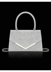 Shiny Elegant Fashionable Charming Rhinestone Flap Handbag Exquisite Women s Evening Bag Matched With Glitter Rhinestone Jewelry Three Pieces Set Luxurious And Exquisite Rhinestone Necklace Bracelet A