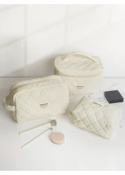 1Pc Set Beige Quilting Makeup Bag With Soft Texture Vintage Large Capacity Cosmetic Bag Travel Organizer Handheld Minimalism Cozy Foam Toiletry Big Set Lightweight Fluffy Makeup Pouch Home Decor Delic