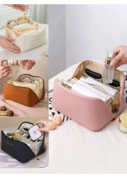 1pc PU Leather Waterproof Makeup Bag Convenient Toiletry Organizer Large Capacity Double Layer Makeup Case Summer Travel Vacation Home Bathroom Decor Holiday Makeup Organizer