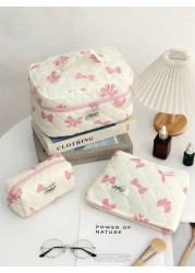 1Piece Bow Travel Toiletry Bag With Handle Quilted Fabric Large Capacity Women Handle Cosmetic Bag Cosmetic Brushes Storage Make Up Organizer Travel Skincare Makeup Pouch For For Bathroom For College
