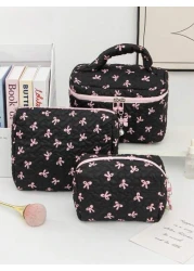 Floral Bow Decor Makeup Bag Fabric Print Zipper Pouch Sweet Style Toiletry Bag Cosmetic Bag For Home Travel Daily Use Women Makeup Organizer Makeup Storage Bag Mini Pouch Travel Small Makeup Case Acce