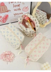 1Piece Quilted Handle Makeup Bag Small Quilted Cosmetic Bag Cute Bow Design Makeup Pouch Makeup Bag Aesthetic Travel Toiletry Bag Organizer Makeup Brushes Storage Bag For Women Bow Pencil Case For Mak