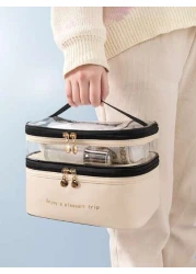 PU 2 Layers Cosmetic Bag Solid Color Travel Transparent Multifunctional Toiletry Handheld Fashionable Waterproof Large Capacity Storage Pouch Summer Travel Vacation Home Bathroom Decor Holiday Makeup