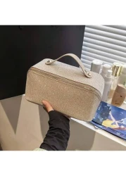حقيبة مكياج لامعة متعددة الوظائف، سعة كبيرة للسفر، حقيبة مكياج فاخرة مرصعة بالراين ستون لحفلات المساء والسهر