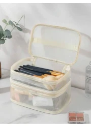 1pc Double Layer Mesh Cosmetic Bag Summer Travel Toiletry Bag Multi Functional Makeup Organizer Bathroom Cosmetics Storage Bag Large Capacity Cosmetic Bag Handbag Beach Bag Jewelry Box Makeup Brush Ho