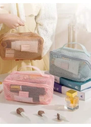 1pc Large Capacity Breathable Mesh Makeup Bag Summer Travel Toiletry Bag Multi Functional Cosmetic Storage Bag Multi Layer Makeup Brush Organizer Beach Bag Tote Bag Travel Bag Mother s Day Gift Birthd