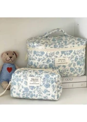 1 3pcs Blue Begonia Flower Makeup Bag Large Capacity Portable Organizer Pouch Multi Functional Handbag Cosmetic Storage Bag Toiletry Bag For Women Men With Handle Compartments For Home School Dorm Tra