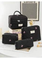 1 Piece Women s Bow Embroidered And Quilted Makeup Bag Sets Travel Cosmetic Bag With Handle Tampon Storage Bag Sanitary Pad Pouch Large Capacity Cosmetic Bag Lightweight Fluffy Filling Toiletries Bag