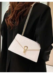 Crocodile Embossed Flap Chain Square Bag Lightweight Business Casual Small PU Leather Solid Color Square Shoulder Bag Perfect Sling Bag For Daily Use For Teen Girls Women College Students Rookies Whit