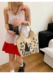 حقيبة نسائية جديدة عصرية كاجوال للذراع ، حقيبة يد كبيرة السعة ، طبعات قطط ، حقيبة كتف نسائية ، مصنوعة من قماش