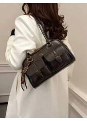 Fashion Classic Joker Solid Color Pu Waterproof Fabric Letter Pattern Decoration Design Multi Pocket Shell Bag Shoulder Bag Underarm Bag With Pendant Decoration Design Suitable For Traveling And Shopp