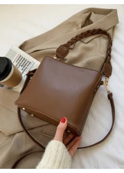 1pc Solid Color Retro Fashion Woven Zipper Bucket Bag Versatile Shoulder Crossbody Handbag Suitable For Daily Use