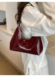 Korean Style Minimalistic Red Lacquered Baguette Crescent Shoulder Bag For Women Premium Handbag