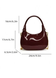 Low Tea 1pc Solid Color Glossy Patent PU Leather Shoulder Bag Women s Fashion Underarm Crossbody Crescent Bag With Ancora Red Letter Top Handle Metal Zipper Closure Metal Chain Shoulder Strap For Dail