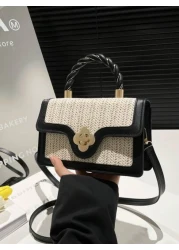 1pc Women s Color Contrast Embroidered Soft Flap Cover Straw Handbag Young Lady Chic Tote Crossbody Bag For Shopping