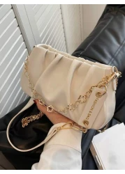 CONTAINEVERY Fashionable Moire Chain Decor Ruched Bag Classic Carryalls Latest Stylish Cloud Sling Bag With Chain Handle And Detachable Strap Beige For Women Rookies White Collar Workers For Teacher G