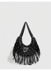 1pc Women Vintage Studs Fringe Black Shoulder Bag Stylish And Minimalist