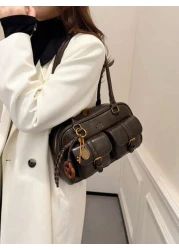 Faux Leather Solid Color Retro Multiple Pocket Large Capacity Women s Shoulder Bag With Hanging Decorations Suitable For Women s Daily Use And Travel Holiday