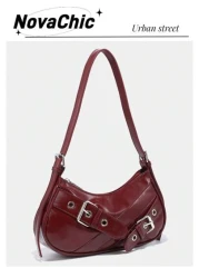 1pc Vintage Wine Red Patent Leather Y2K Gothic Style Shoulder Bag With Rivet Decoration For Women Suitable For Daily Use And Travel Tready Crescent Moon Bag For Women Fashionable Burgundy Bag Retro In