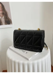 1pc Solid Color PU Shoulder Bag For Women Fashionable Diamond Shape Embroidery Pattern Square Bag With Metal Chain Strap And Lock Closure Perfect For Shopping Dating Gifts For Teen Girls College Stude