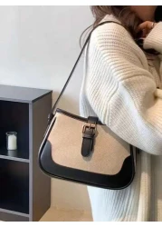 Retro Color Contrast Shoulder Bag Niche Design Underarm Purse Women s Buckle Decor Crossbody Bag