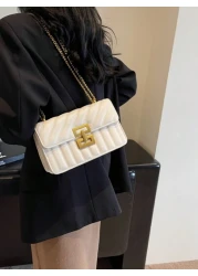 1pc Ladies Embroidery Striped Fashionable Lock Closure Square Bag Purse With Colorful Chain Suitable For Dating And Gift
